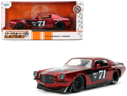 1/24 scale 1971 Chevrolet Camaro diecast car in red metallic with black stripes from Jada’s Bigtime Muscle series.