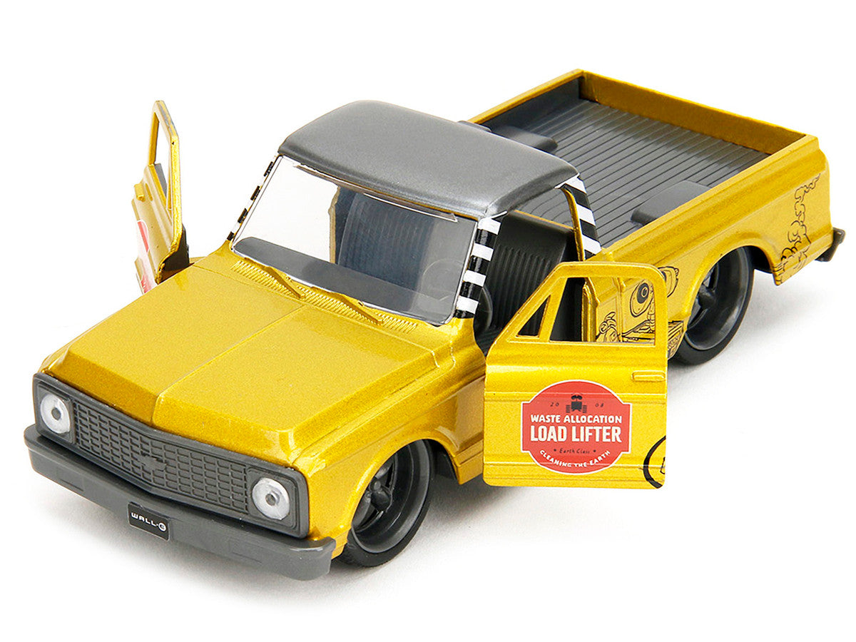 Yellow toy truck with open doors - view from the front