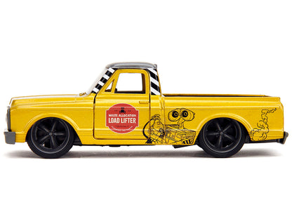 Yellow toy truck with graphics - view from the side