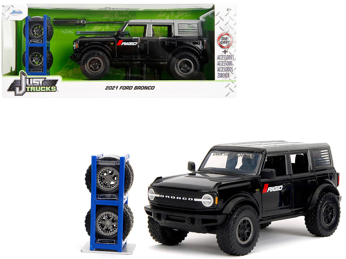 Jada 2021 Ford Bronco Badlands Black “Rigid” Just Trucks Series diecast model with extra wheels, 1/24 scale

