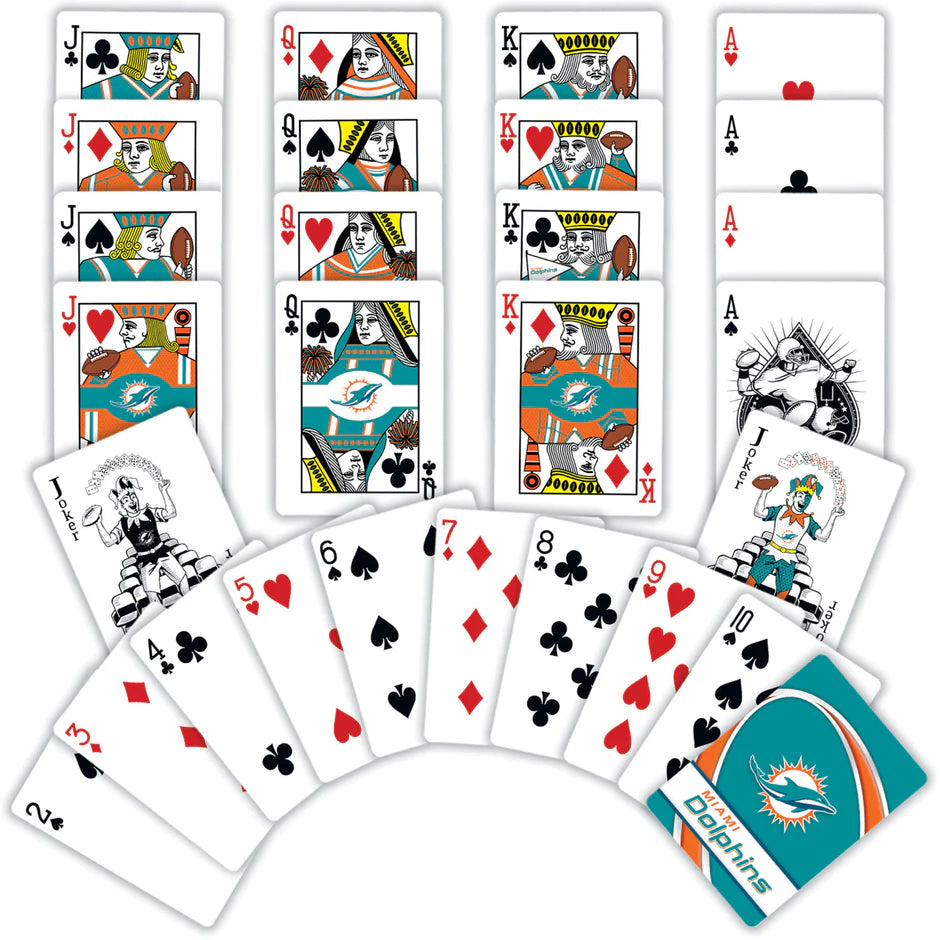 Dive into game night with Miami Dolphins Playing Cards! Official NFL licensed, team-themed deck in team colors. 52 cards + 2 Jokers. High-quality cardstock.