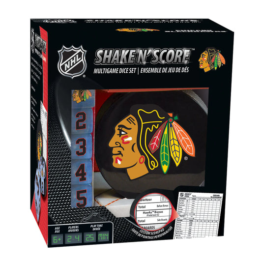 Blackhawks Dice Game: 7-piece set, team-specific cup, dice, scorepad. Ages 6+. Hand-painted graphics. By Masterpieces.