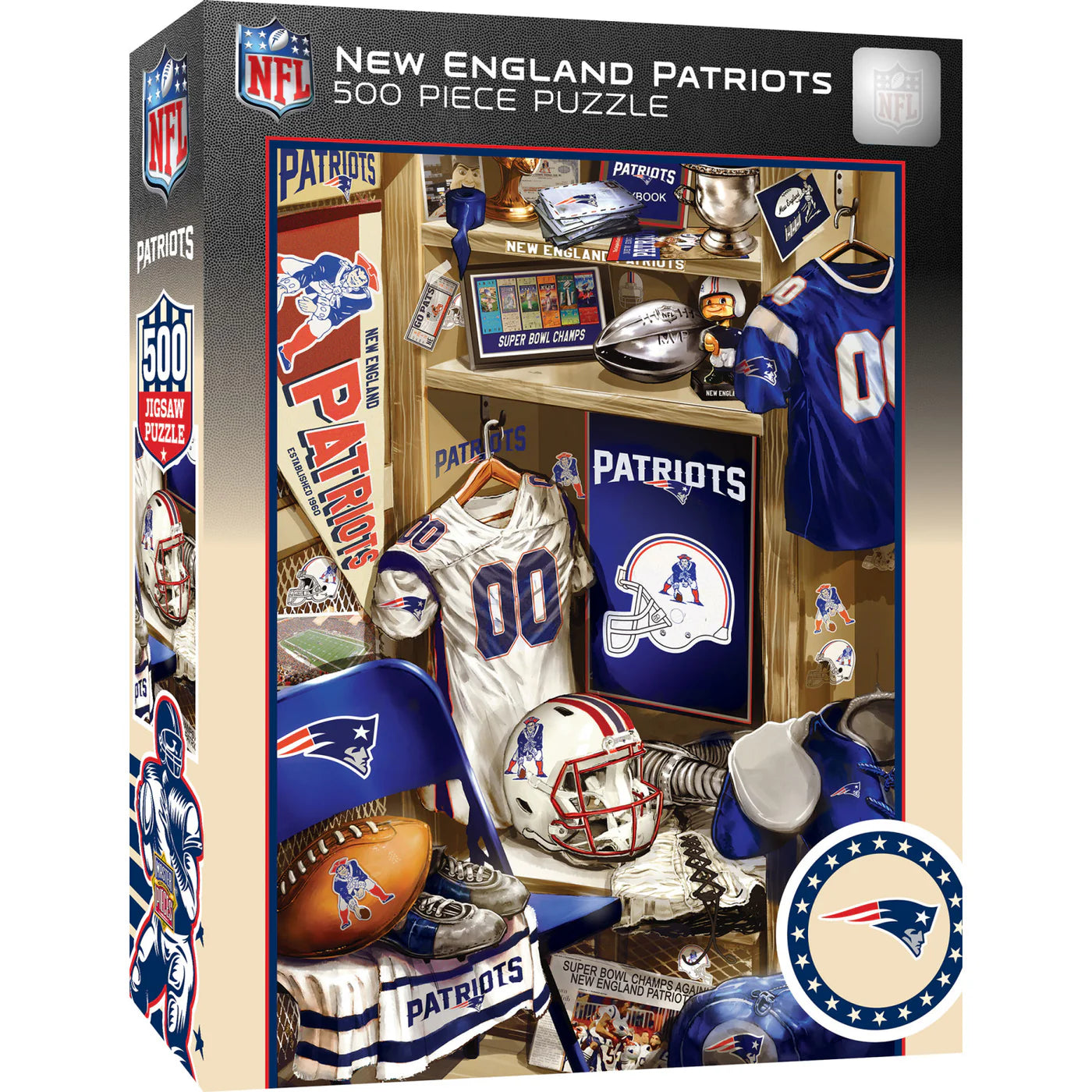 New England Patriots NFL Locker Room Jigsaw Puzzle, 500 pieces, 15"x21", officially licensed by the NFL, made by Masterpieces, brand new.