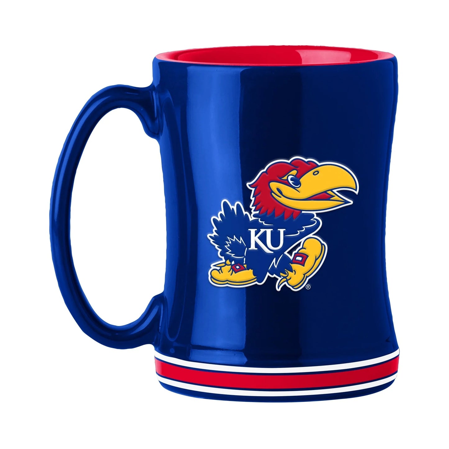 14oz. Kansas Jayhawks coffee mug featuring team colors and logo, perfect for fans to enjoy their favorite beverages while showing team spirit.