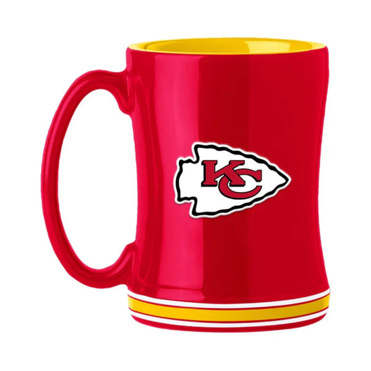 Kansas City Chiefs 14oz ceramic coffee mug with bold team colors, 3D logo, and team name on the handle. NFL licensed.