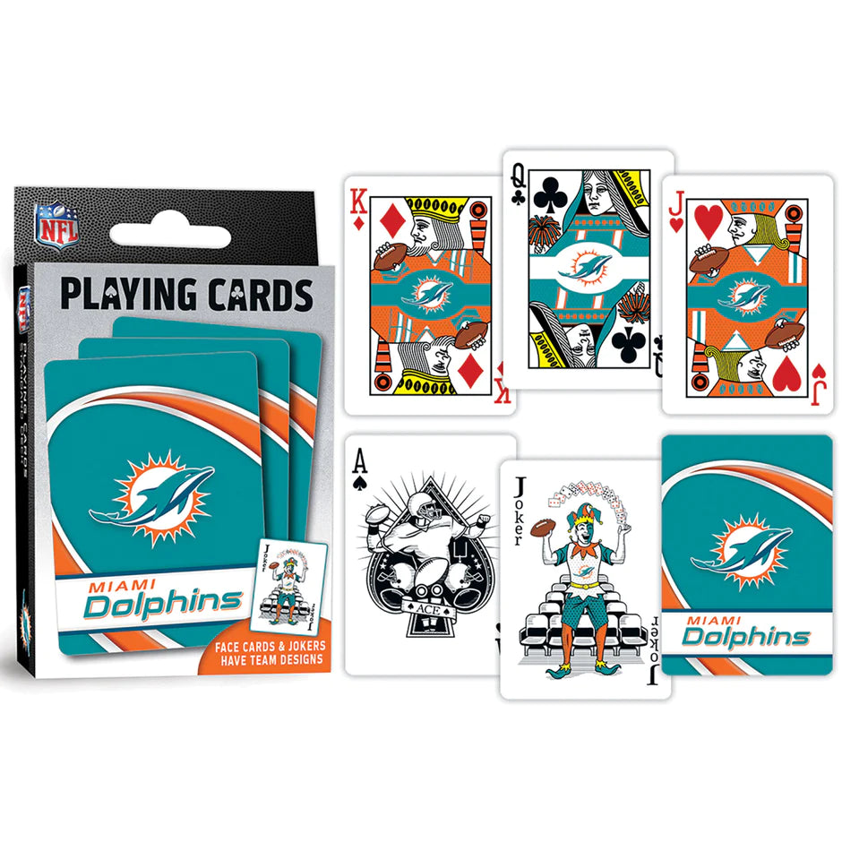 Dive into game night with Miami Dolphins Playing Cards! Official NFL licensed, team-themed deck in team colors. 52 cards + 2 Jokers. High-quality cardstock.