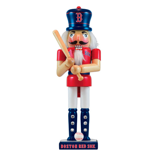 12" tall Boston Red Sox MLB wooden nutcracker with team colors, graphics, baseball bat, hair, and gems. Handcrafted by Masterpieces