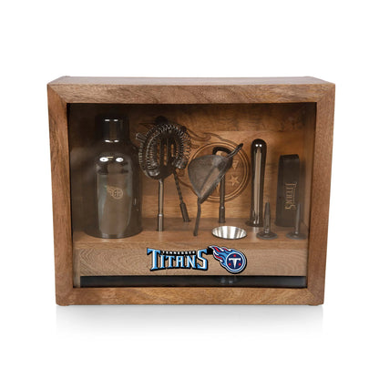 Tennessee Titans Old Fashioned Bar Set with stainless steel tools, mango wood case, glass display, and logoed bar mat.