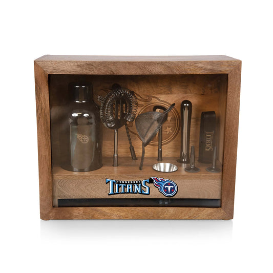 Tennessee Titans Old Fashioned Bar Set with stainless steel tools, mango wood case, glass display, and logoed bar mat.