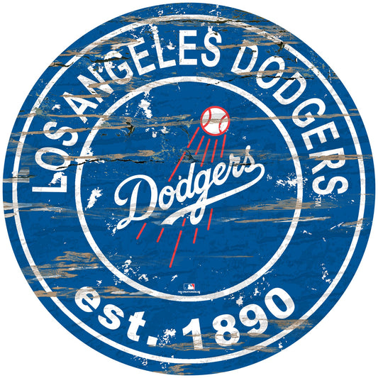 Los Angeles Dodgers distressed round sign, 24" diameter. Features team graphics & established date. Indoor use only. Officially licensed.