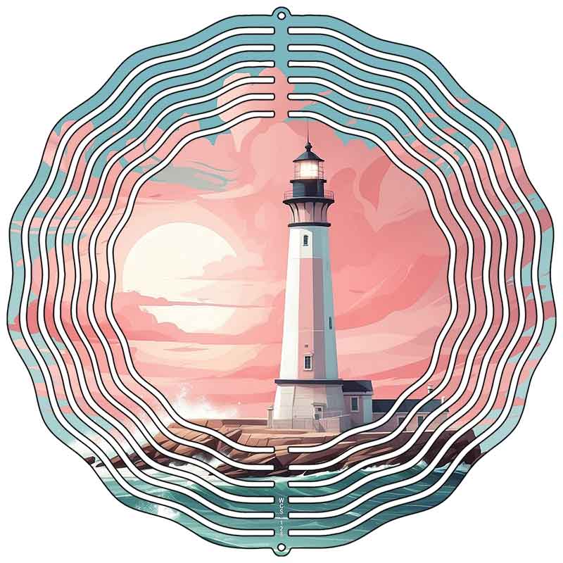 Lighthouse with crashing waves wind spinner, 10", double-sided metal, weather-resistant, Made in USA.