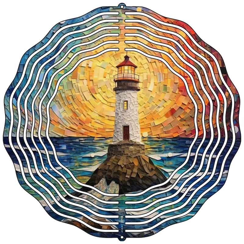 Lighthouse-themed metal wind spinner, double-sided, weather-resistant, made in the USA, perfect for gardens