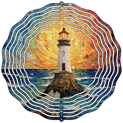 Lighthouse-themed metal wind spinner, double-sided, weather-resistant, made in the USA, perfect for gardens