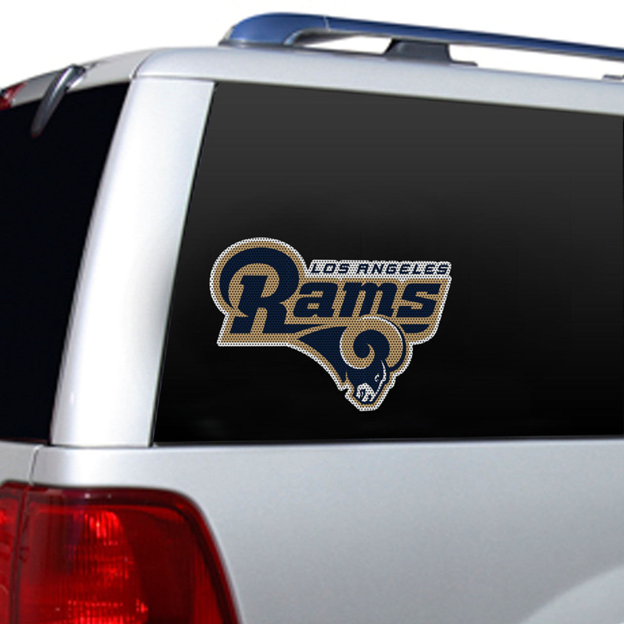 Los Angeles Rams 12x10 NFL die cut window film with team graphics and a clear-view perforated adhesive design