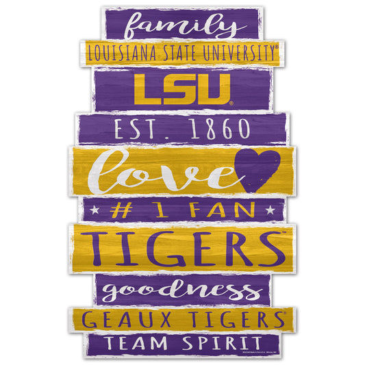 LSU Tigers NCAA 11x17 Family Word Design Wood Sign in purple and gold with bold graphics by Wincraft.