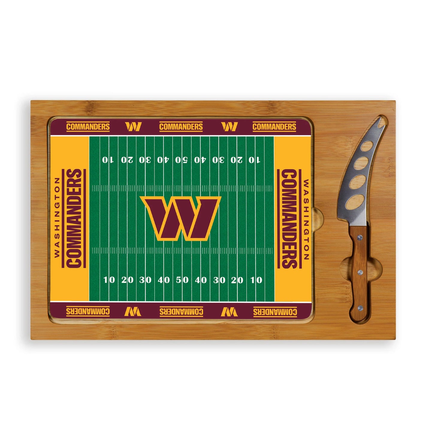 Washington Commanders glass top cutting board with bamboo base and cheese knife, officially licensed NFL set.