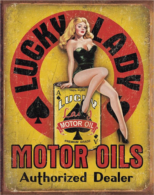 Lucky Lady Motor Oil 12.5" x 16" Distressed Metal Tin Sign - 1998