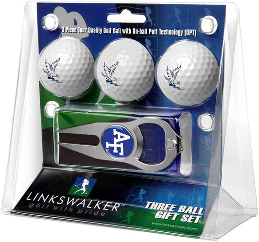 Air Force Falcons 3-ball gift pack includes collegiate logo golf balls, Hat Trick divot tool, and wooden tees. Officially licensed.