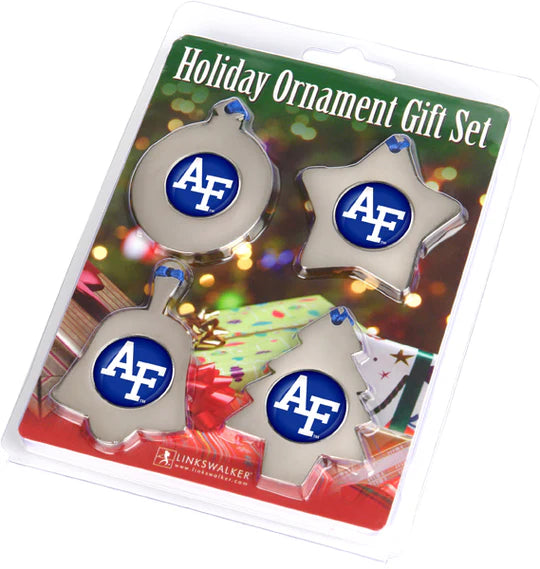 Air Force Falcons NCAA ornament set with bell, star, round, and tree shapes, polished zinc alloy with team graphics.