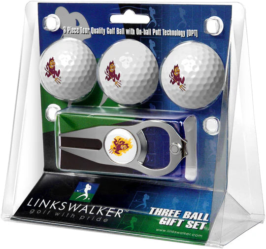 Arizona State Sun Devils 3 Ball Gift Pack with Hat Trick Divot Tool by Linkswalker