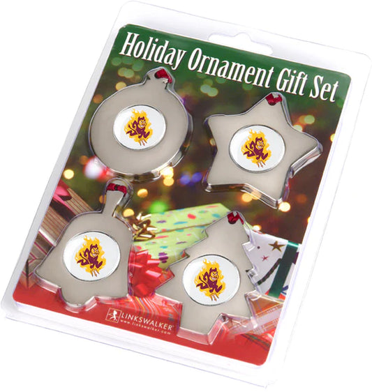 Arizona State Sun Devils holiday ornaments in zinc alloy with team designs, featuring bell, star, round, and tree shapes