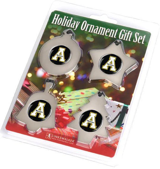 Appalachian State Mountaineers NCAA ornament set with bell, star, round, and tree shapes, polished zinc alloy finish