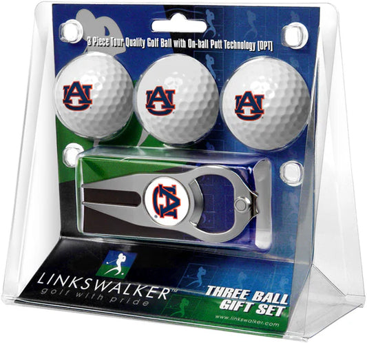 Auburn Tigers 3 Ball Gift Pack with Hat Trick Divot Tool by Linkswalker