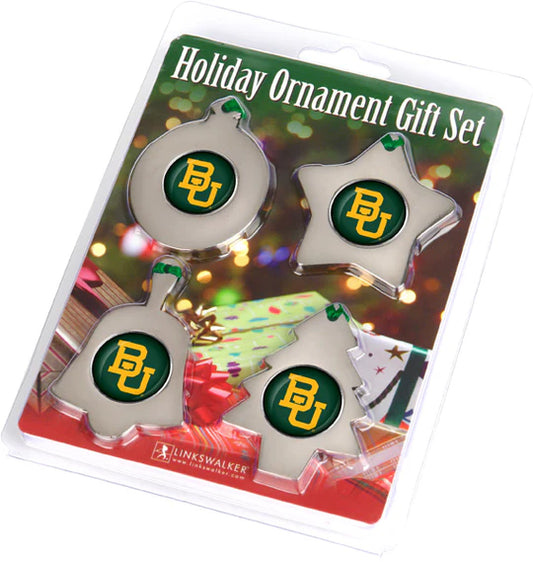 Baylor Bears 4-piece NCAA Ornament Gift Pack with team graphics on bell, star, round, and Christmas tree shapes.