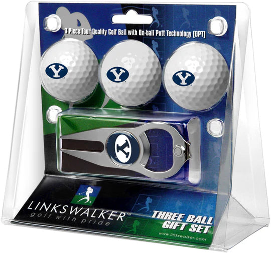 Brigham Young {BYU} Cougars 3 Ball Gift Pack with Hat Trick Divot Tool by Linkswalker