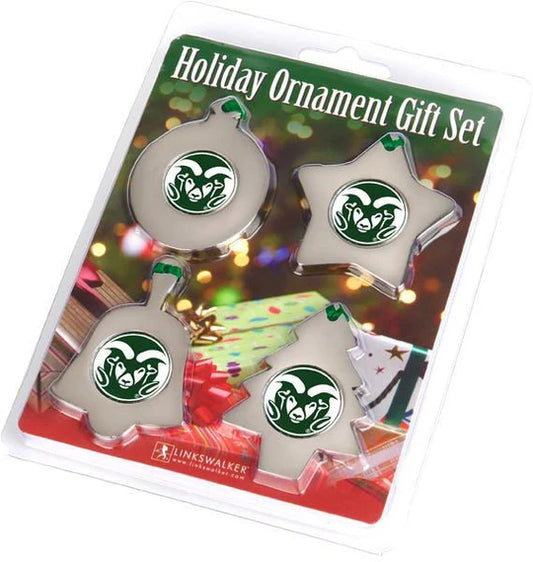 Officially licensed Colorado State Rams NCAA ornament gift pack by Linkswalker features 4 different shaped ornaments (bell, star, round, and Christmas tree) with team graphics and a zinc alloy finish. Easy to hang with included ribbon.