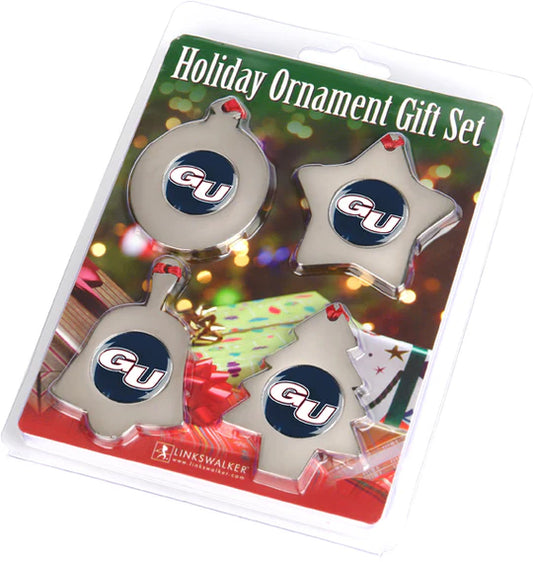 Set of 4 Gonzaga Bulldogs holiday ornaments in bell, star, round, and Christmas tree shapes, polished to a brilliant shine.