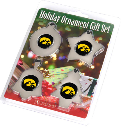 Set of 4 Iowa Hawkeyes holiday ornaments in bell, star, round, and Christmas tree shapes, polished to a brilliant shine