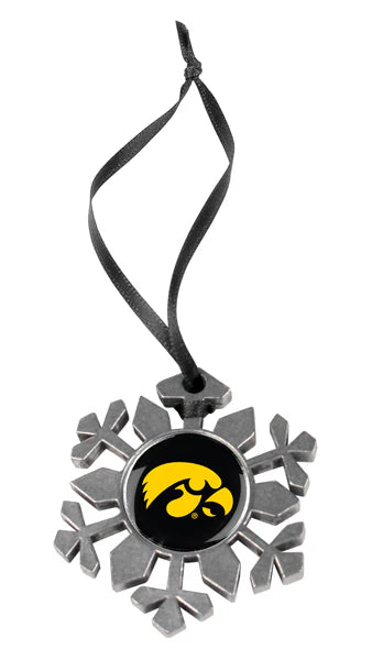 Iowa Hawkeyes snowflake ornament with logo medallion, starburst back, alloy material, and team-color hanging ribbon