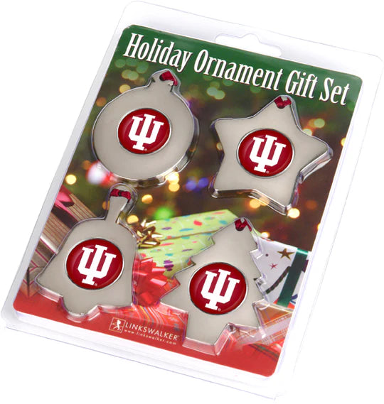 Indiana Hoosiers 4-piece NCAA Ornament Gift Pack featuring team graphics on bell, star, round, and Christmas tree shapes