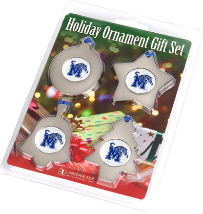 Set of 4 Memphis Tigers holiday ornaments in bell, star, round, and Christmas tree shapes, polished to a brilliant shine