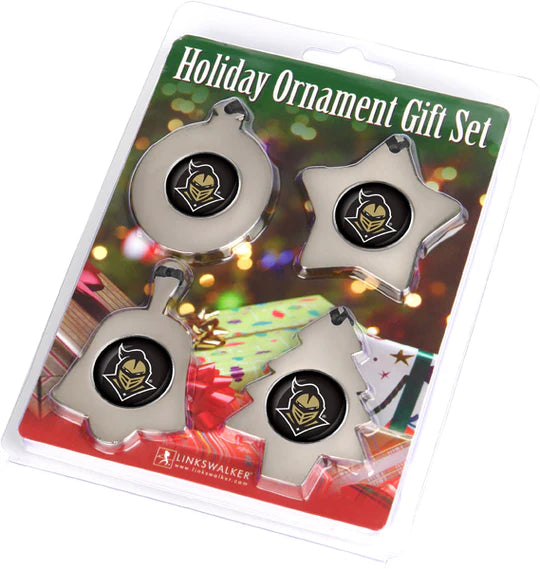 This 4-piece pack of Central (UCF) Florida Knights ornaments features team graphics on 4 different shapes - a bell, star, round, and Christmas tree. Made from zinc alloy with a shiny finish and includes a ribbon for hanging. Officially licensed by the NCAA, brought to you by Linkswalker.