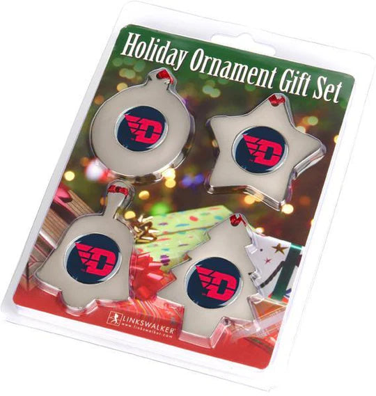 Dayton Flyers 4-piece NCAA Ornament Gift Pack with team graphics on bell, star, round, and Christmas tree shapes.