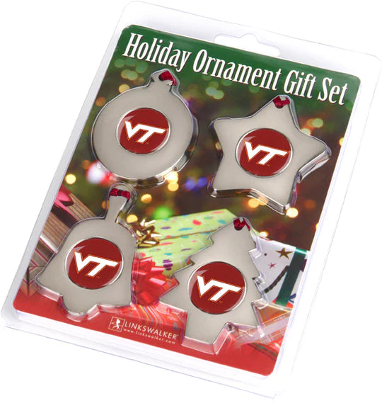 Virginia Tech Hokies Holiday Ornament Gift Pack - 4 Piece Set with Official Team Graphics on Bell, Star, Round, and Christmas Tree Shaped Ornaments. Zinc Alloy Material with Ribbon for Easy Hanging. Licensed by NCAA and Made by Linkswalker.