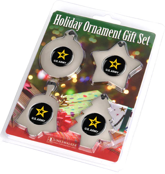 Set of 4 U.S. Army holiday ornaments in bell, star, round, and Christmas tree shapes, polished to a brilliant shine.