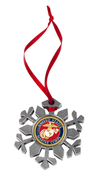 US Marines Snow Flake Ornament with metal logo medallion and ribbon for hanging.
