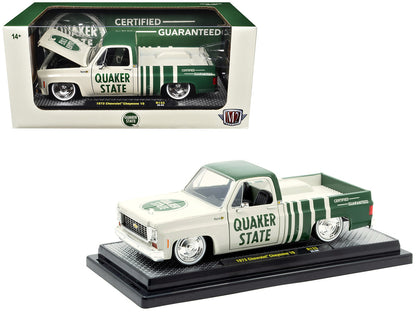 M2 Machines 1973 Chevy Cheyenne 10 Quaker State diecast in beige and green with opening hood, doors, and tailgate