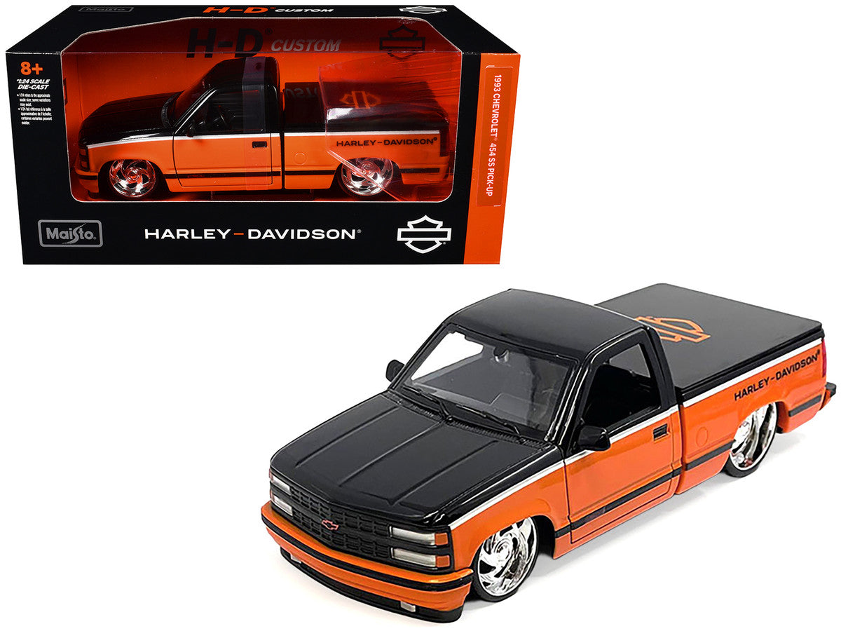 Maisto 1993 Chevrolet 454 SS Harley-Davidson diecast truck in black and orange, 1/24 scale collectible with opening doors