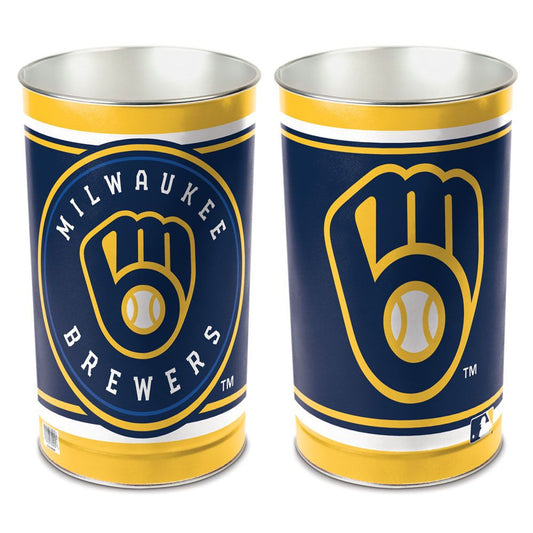 Milwaukee Brewers metal trash can with team graphics on both sides, officially licensed by MLB and made by Wincraft