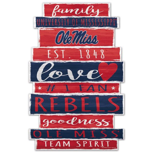 Mississippi Rebels Ole Miss 11x17 NCAA Family Word Design Wood Sign with bold team colors and graphics.