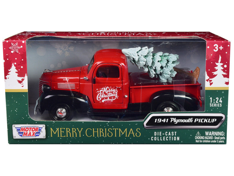 Motormax 1941 Plymouth Pickup: Red and black 'Merry Christmas' edition, 1/24 scale. Real rubber tires, opening hood and doors.