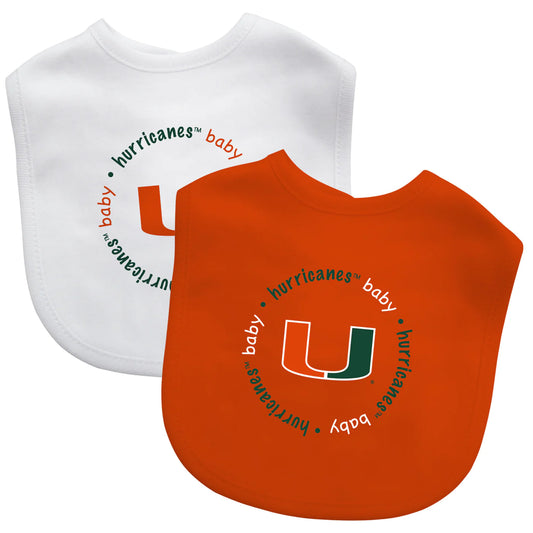 Miami Hurricanes Baby Bibs: Tiny fan essentials. 2-pack with embroidered logos. Perfect for introducing team spirit to little ones