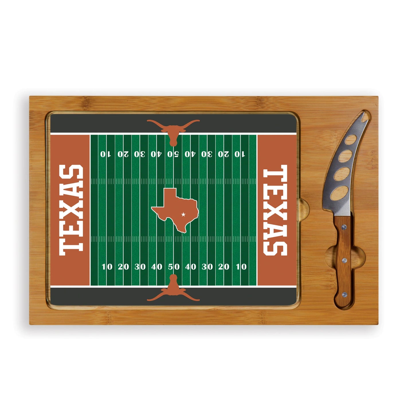 Texas Longhorns Icon cutting board with bamboo base and stainless steel cheese knife, NCAA licensed.