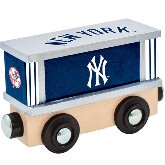 "New York Yankees Box Car Wooden Toy Train by Masterpieces. Features Yankees logo and colors, perfect for young fans and collectors."