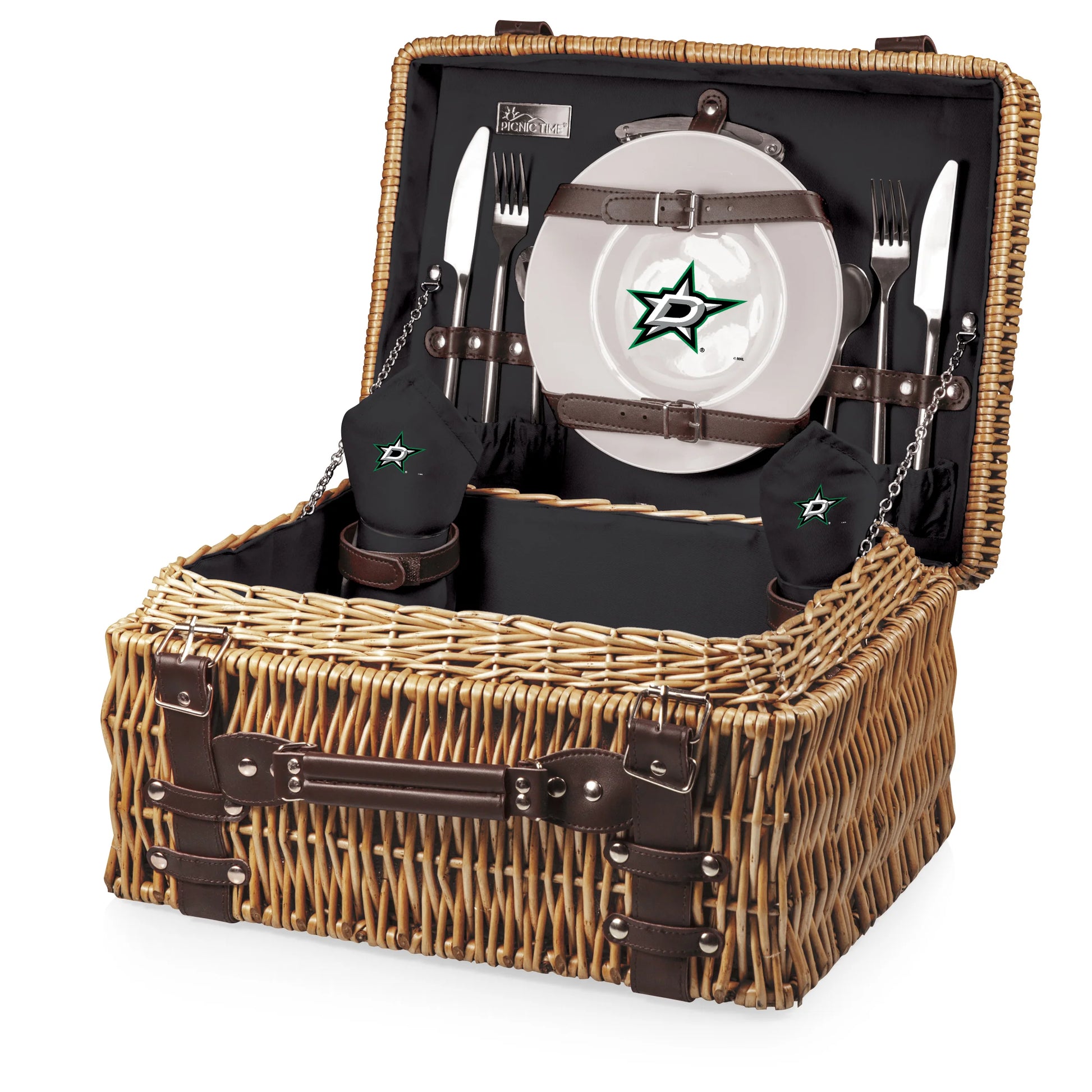 Dallas Stars picnic basket with plates, wine glasses, and cutlery for tailgates or outdoor dining.