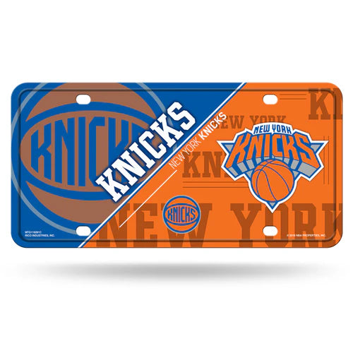 A metal auto license plate featuring the New York Knicks team colors and graphics, including the team name and logo.
